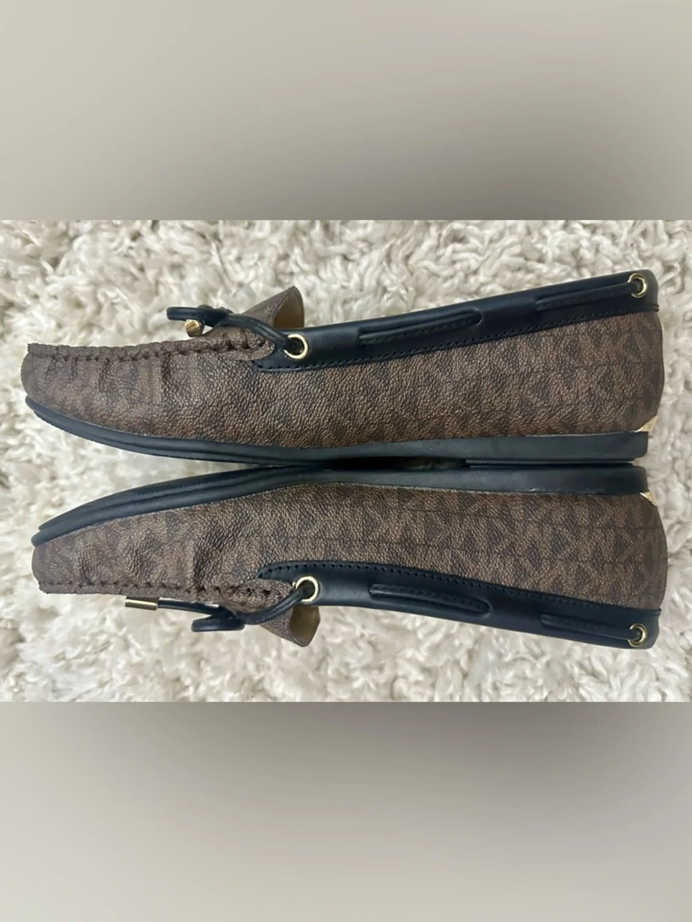 Michael Kors Sutton Brown Monogram Logo Moccasin Loafers with Black Trim 8.5
